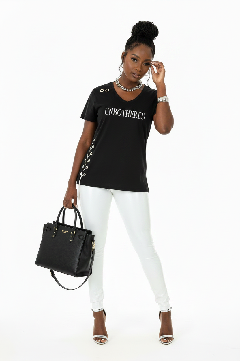 Unbothered De Luxe Lace-Up V-Neck Tee