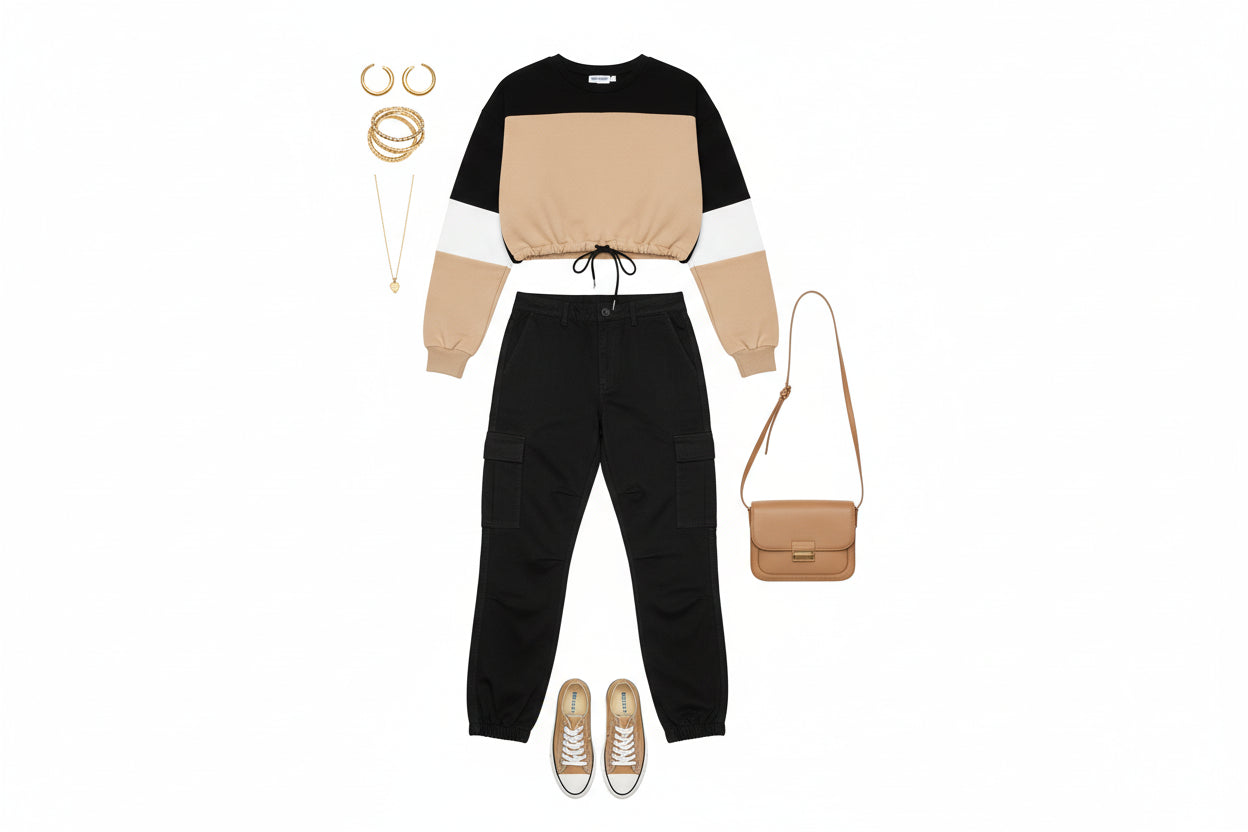 PLUS SIZE | Black White | Drawstring Cropped Color block Sweatshirt