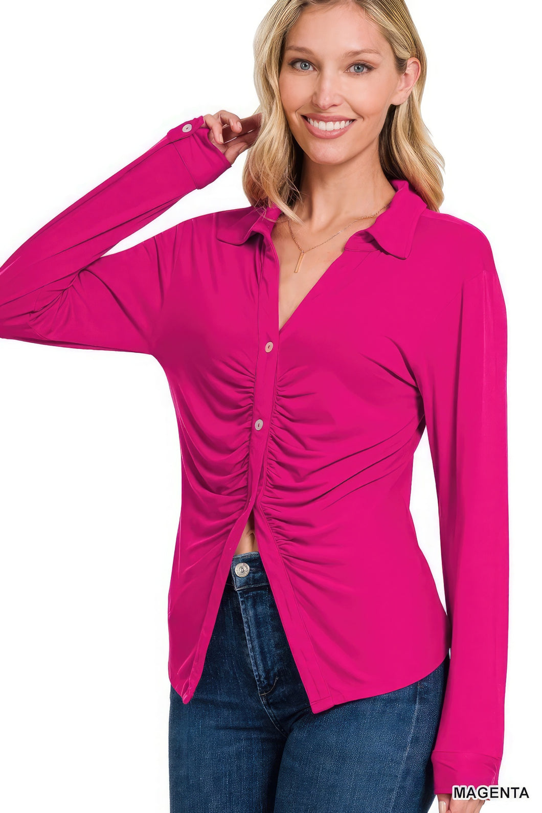 Just  Peek Ruched Stretchy Button Down Shirt
