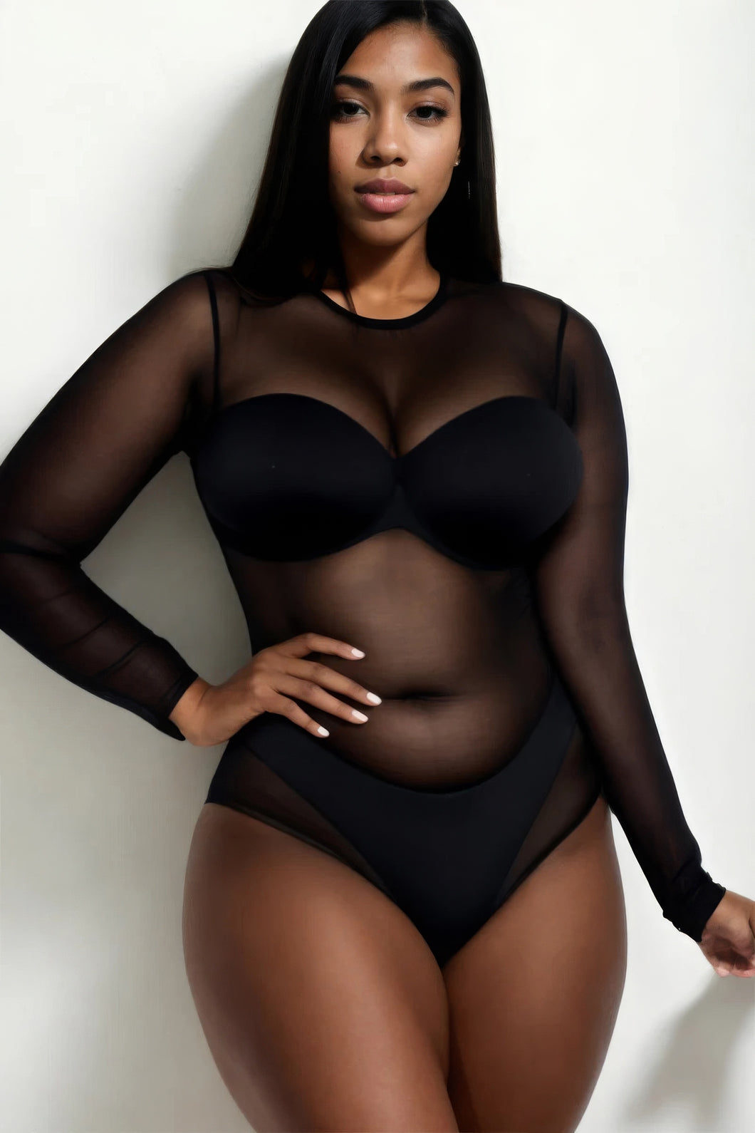 Plus Size |Sheer and Sexy Mesh Long Sleeve Bodysuit