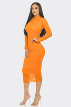 Load image into Gallery viewer, Solid Mesh Ruched Midi Dress
