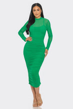 Load image into Gallery viewer, Solid Mesh Ruched Midi Dress
