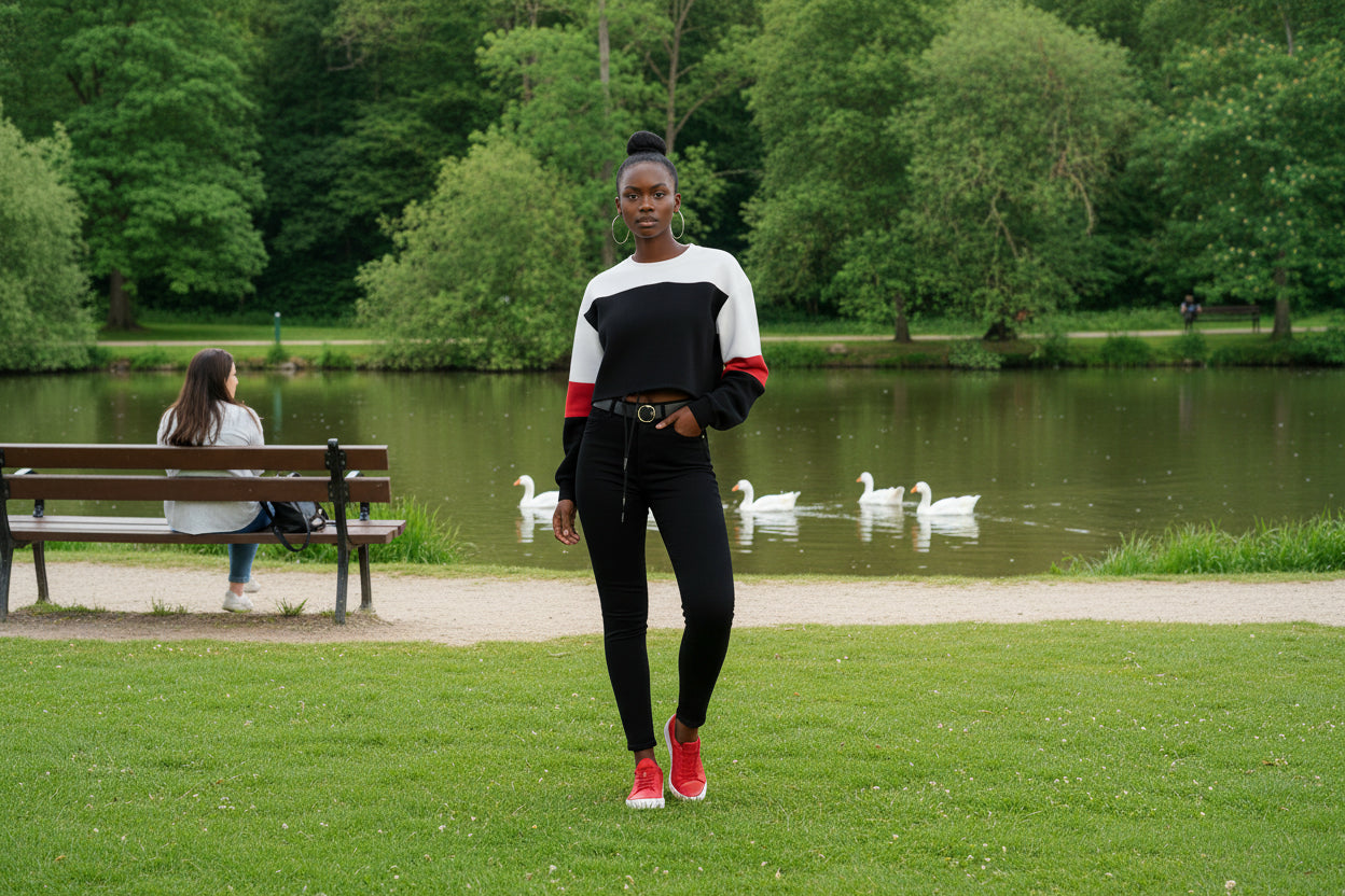 PLUS SIZE | Khaki Black Drawstring Cropped Color block Sweatshirt