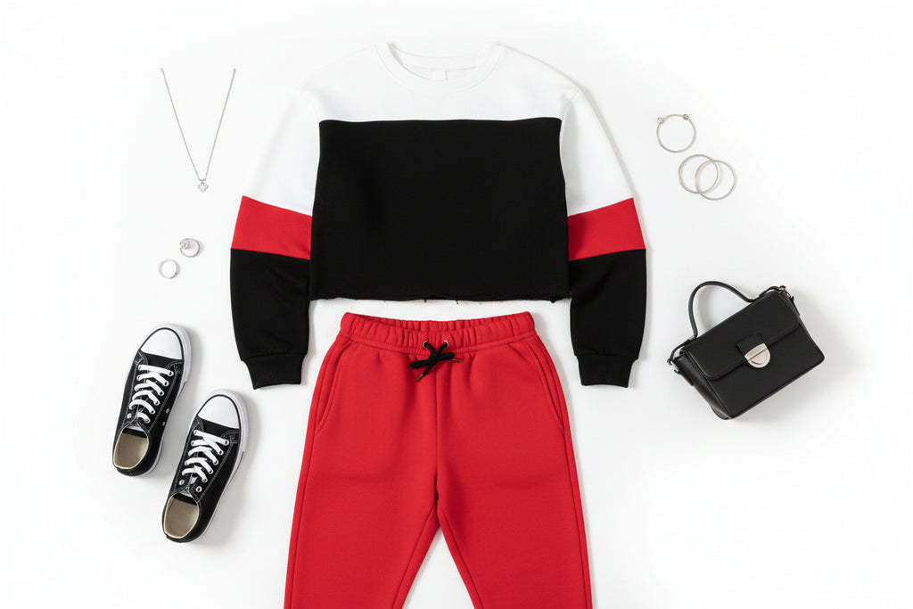 PLUS SIZE | Black White | Drawstring Cropped Color block Sweatshirt