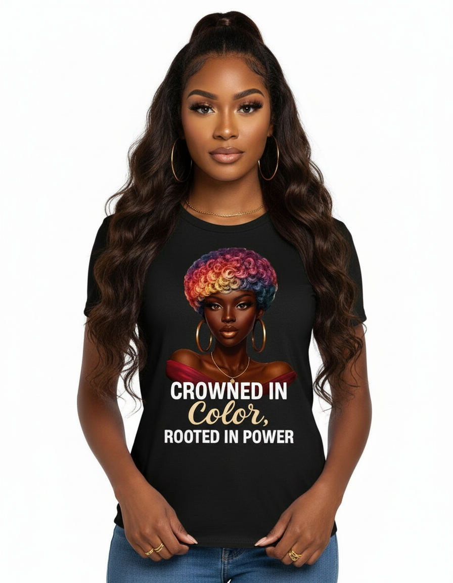 Graphic T She's "CROWNED IN COLOR ROOTED IN POWER"
