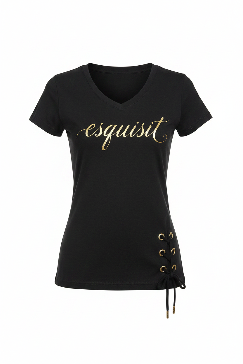 Esquisit De Luxe Lace-Up V-Neck Tee