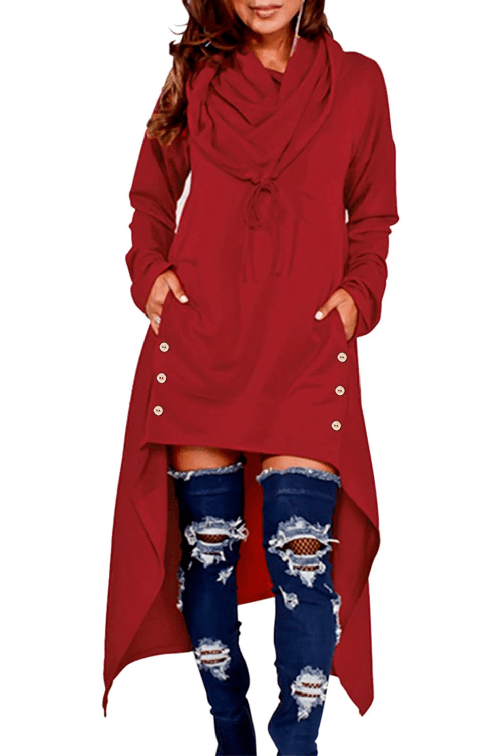 PLUS SIZE | FLY GIRL Red Asymmetric Hem Hooded Dress Top - spazz26