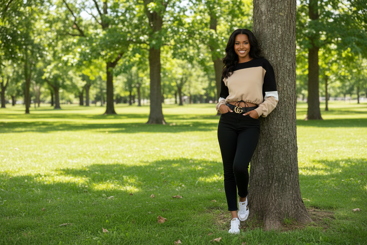 PLUS SIZE | Khaki Black Drawstring Cropped Color block Sweatshirt - spazz26