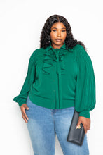 Load image into Gallery viewer, 2 COLORS | PLUS SIZE | Pleated Sleeve Blouse With Waterfall Frill And Bow
