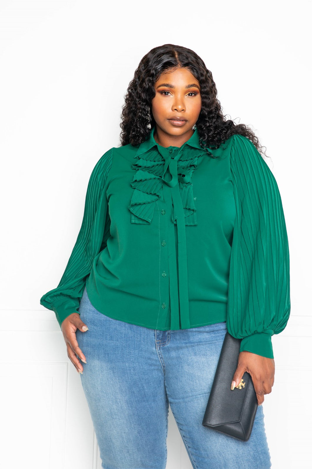 2 COLORS | PLUS SIZE | Pleated Sleeve Blouse With Waterfall Frill And Bow