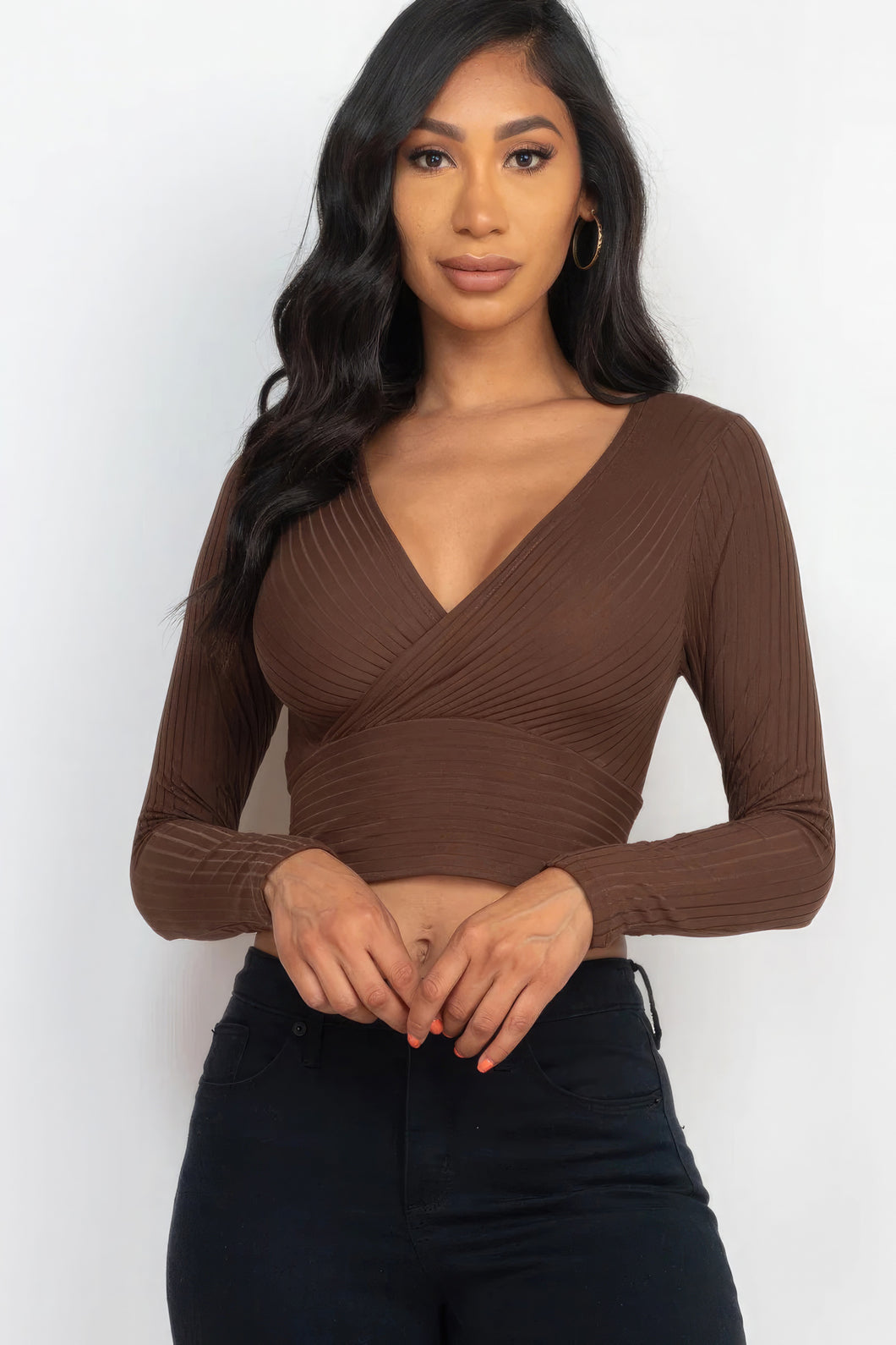 8 COLORS | Ribbed Wrap Long Sleeve Crop Top