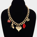 TOTE BAG STILETTO HEEL HEART LIPS CROWN PENDANT STATION NECKLACE