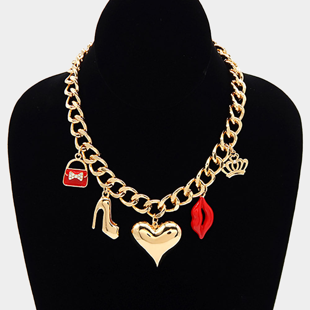 TOTE BAG STILETTO HEEL HEART LIPS CROWN PENDANT STATION NECKLACE